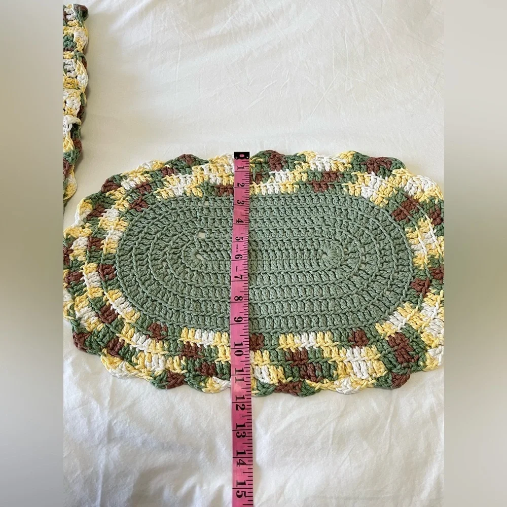 Set of 6 Vintage Oval Hand Crocheted Placemats | Green Yellow Brown